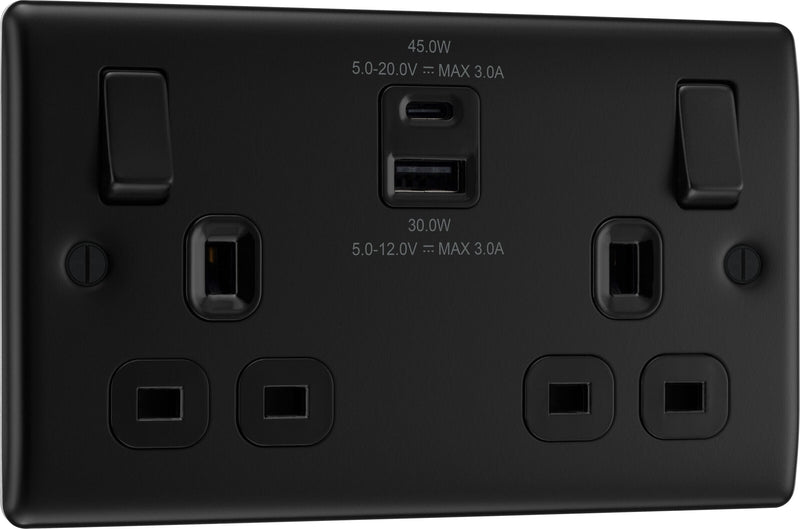 BG Electrical Nexus Metal Matt Black - Double switched single pole, with USB A + C (45W)