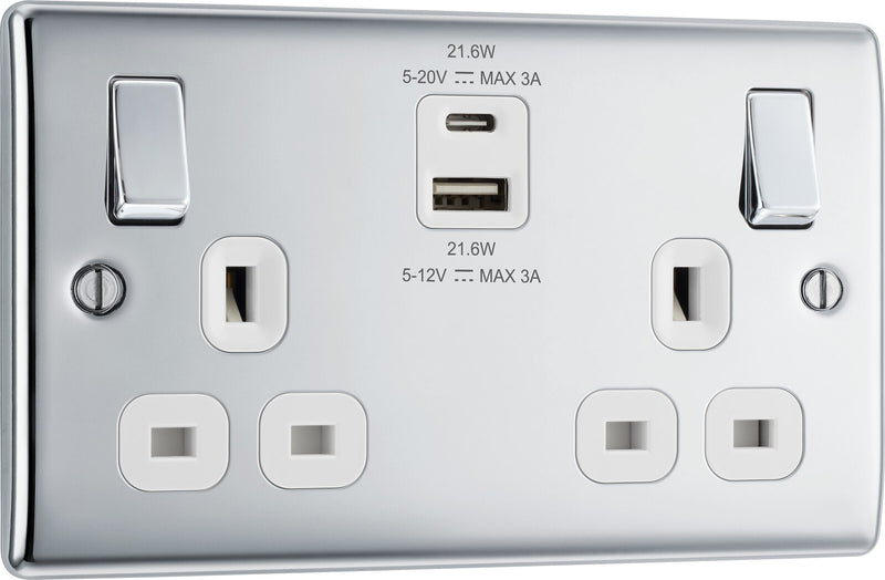 BG Electrical Nexus Metal Polished Chrome - Double switched single pole, with USB A + C (22W)