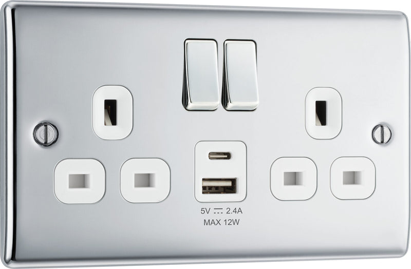 BG Electrical Nexus Metal Polished Chrome - Double switched single pole, with USB A + C (12W)