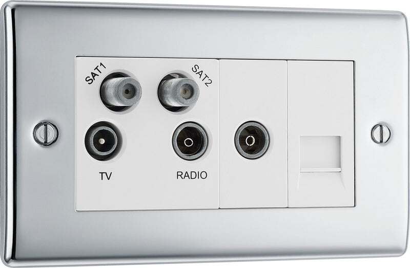 BG Electrical Nexus Metal Polished Chrome - Quadplex, 2 x sat, BT outlet and co-ax returned - screened