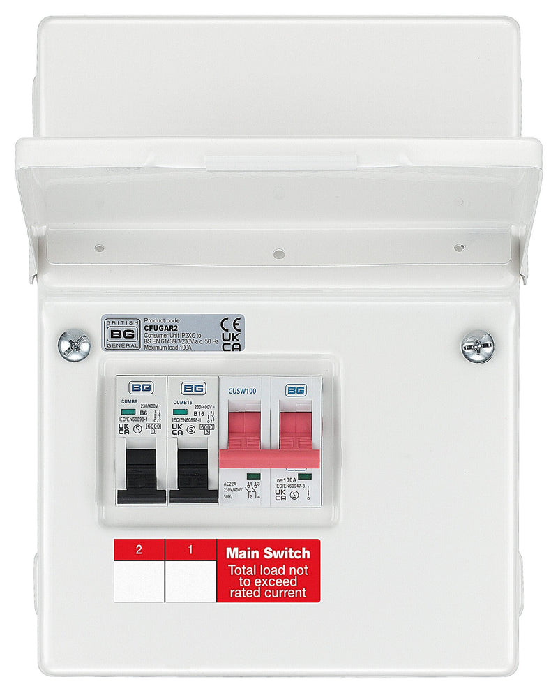 BG Circuit Protection IP20 Non Weatherproof - 4 module, 4 way, 100A Main Switch, 2 MCB's