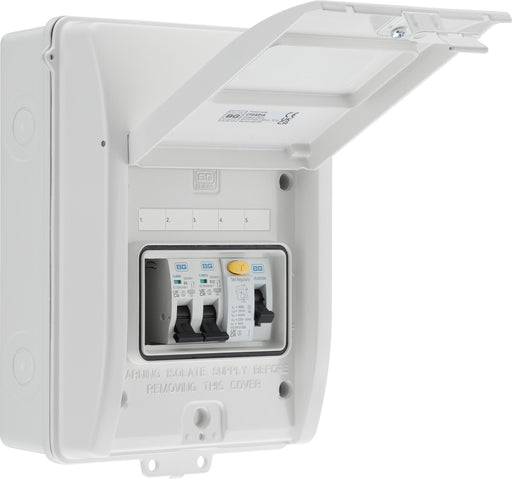 BG Circuit Protection IP65 Weatherproof - 5 module, 3 way, 40A Type A RCD, 2 MCB's