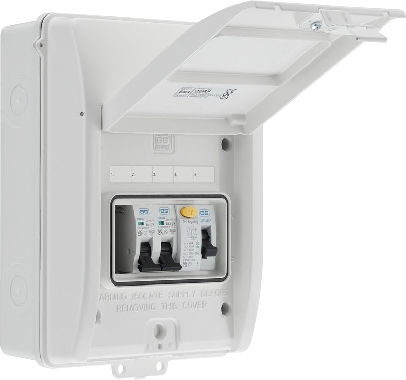 BG Circuit Protection IP65 Weatherproof - 5 module, 3 way, 40A Type A RCD, 2 MCB's