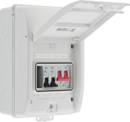 BG Circuit Protection IP65 Weatherproof - 5 module, 3 way, 100A Main Switch, 2 MCB's