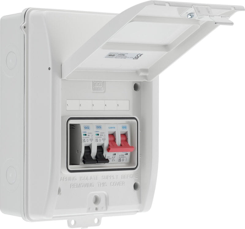 BG Circuit Protection IP65 Weatherproof - 5 module, 3 way, 100A Main Switch, 2 MCB's