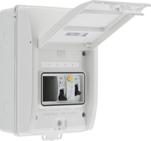BG Circuit Protection IP65 Weatherproof - 5 module, 3 way, 63A Type A RCD, 1 MCB