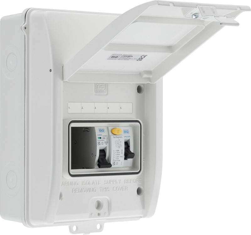 BG Circuit Protection IP65 Weatherproof - 5 module, 3 way, 63A Type A RCD, 1 MCB