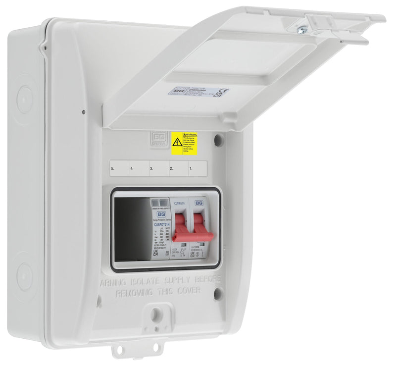 BG Circuit Protection IP65 Weatherproof - 5 module, 2 way, 100A Main Switch, Type 2 SPD