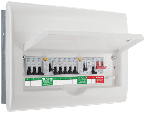 BG Circuit Protection Dual RCD SPD - 16 module, 8 way, 100A Main Switch, 80A/80A Type A RCD, 8 MCB's, Type 2 SPD