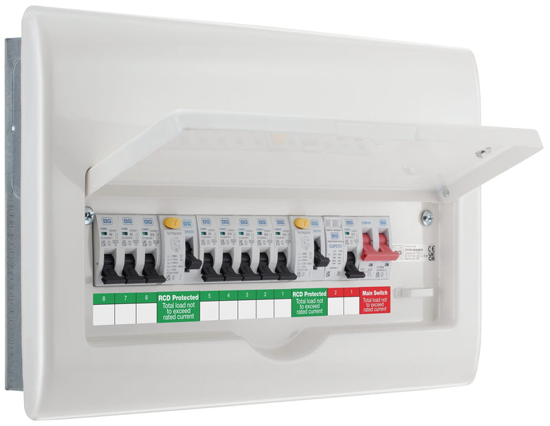 BG Circuit Protection Dual RCD SPD - 16 module, 8 way, 100A Main Switch, 80A/80A Type A RCD, 8 MCB's, Type 2 SPD