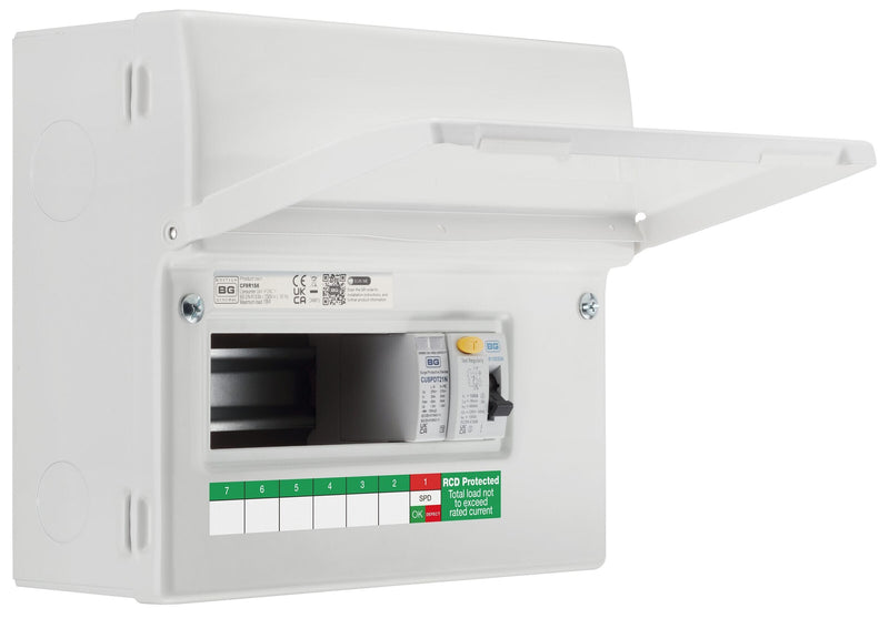 BG Circuit Protection Dual RCD - 9 module, 6 way, 100A Type A RCD, Type 2 SPD