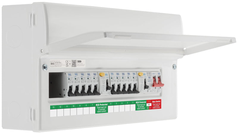 BG Circuit Protection Dual RCD SPD - 19 module, 12way, 100A Main Switch, 2 x 100A Type A RCD, Type 2 SPD