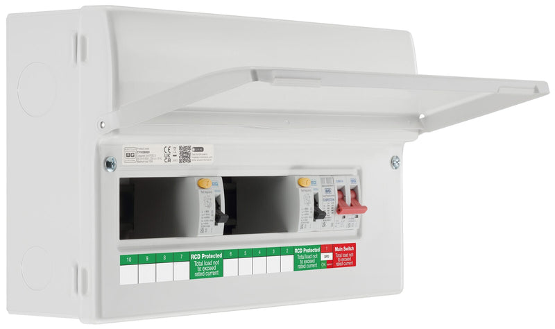 BG Circuit Protection Dual RCD SPD - 16 module, 9 way, 100A Main Switch, 2 x 80A Type A RCD, Type 2 SPD