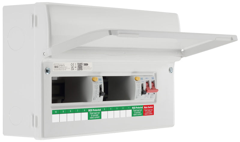 BG Circuit Protection Dual RCD SPD - 16 module, 10 way, 100A Main Switch, 2 x 100A Type A RCD