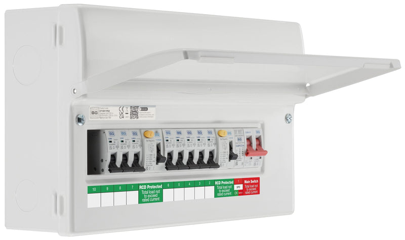 BG Circuit Protection Dual RCD SPD - 16 module, 9 way, 100A Main Switch, 2 x 100A Type A RCD, 8 MCB's, Type 2 SPD