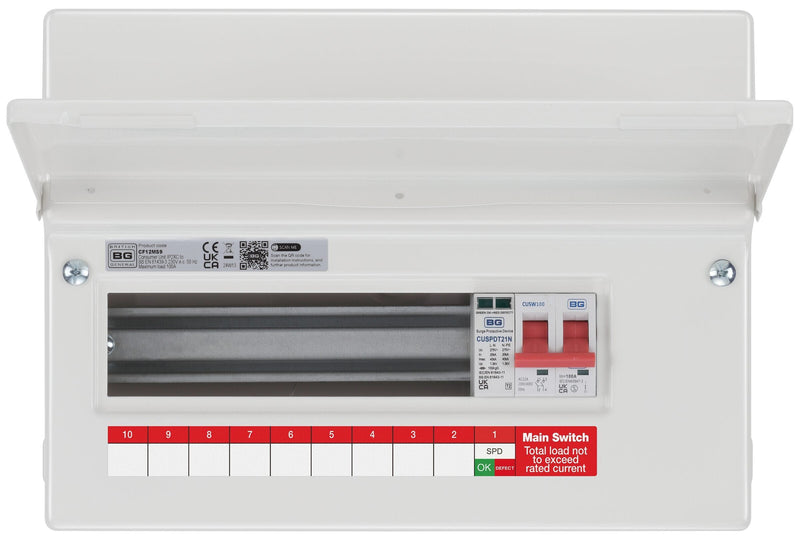 BG Circuit Protection Main Switch SPD - 12 module, 9 way, 100A Main Switch, Type 2 SPD