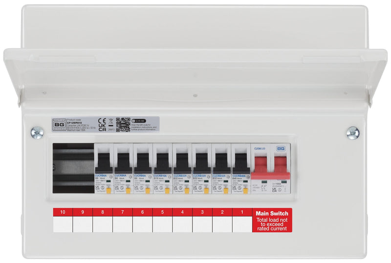BG Circuit Protection RCBO Main Switch - 12 module, 10 way, 100A Main Switch, 8 RCBO's