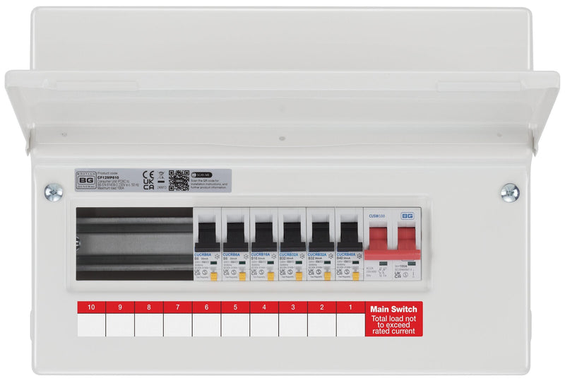 BG Circuit Protection RCBO Main Switch - 12 module, 10 way, 100A Main Switch, 6 RCBO's