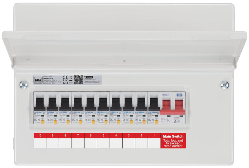BG Circuit Protection RCBO Main Switch - 12 module, 10 way, 100A Main Switch, 10 RCBO's