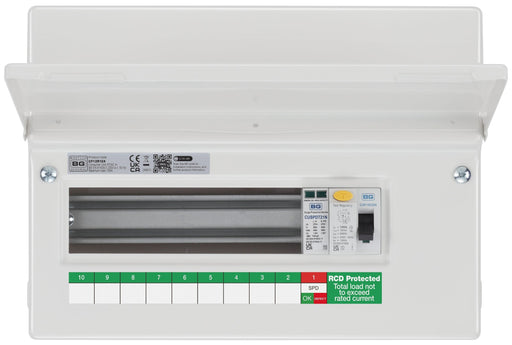 BG Circuit Protection RCD Incomer - 12 module, 9 way, 100A Type A RCD, Type 2 SPD