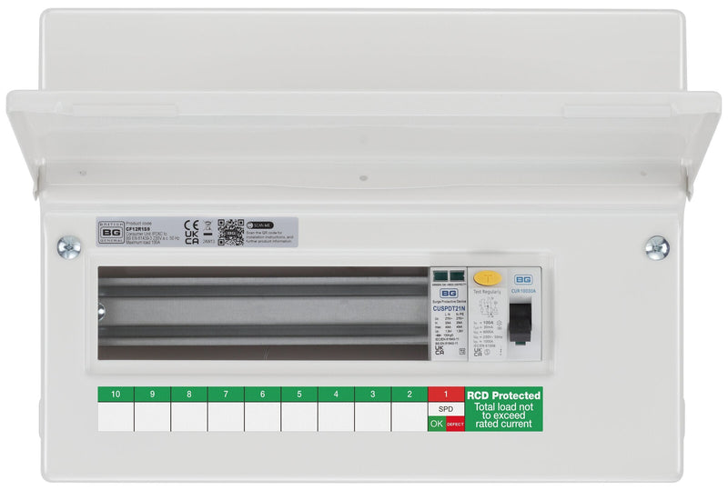 BG Circuit Protection RCD Incomer - 12 module, 9 way, 100A Type A RCD, Type 2 SPD