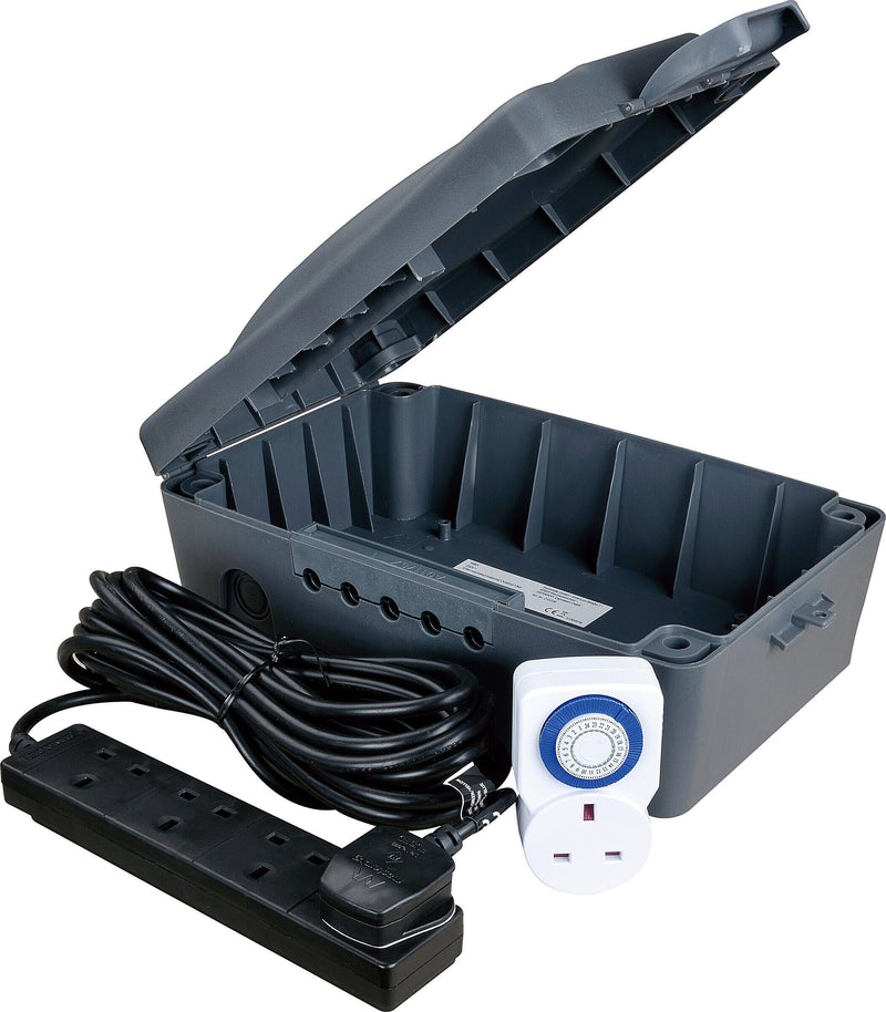 Masterplug Outdoor - 24 Hour Mechanical Timer, Extension Lead, 4 Sockets, 8m, 13A, Grey