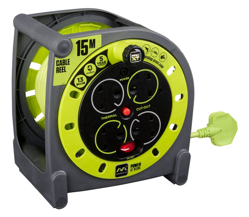Masterplug Pro XT - 15m, 4 Sockets, 13A, Grey + Green