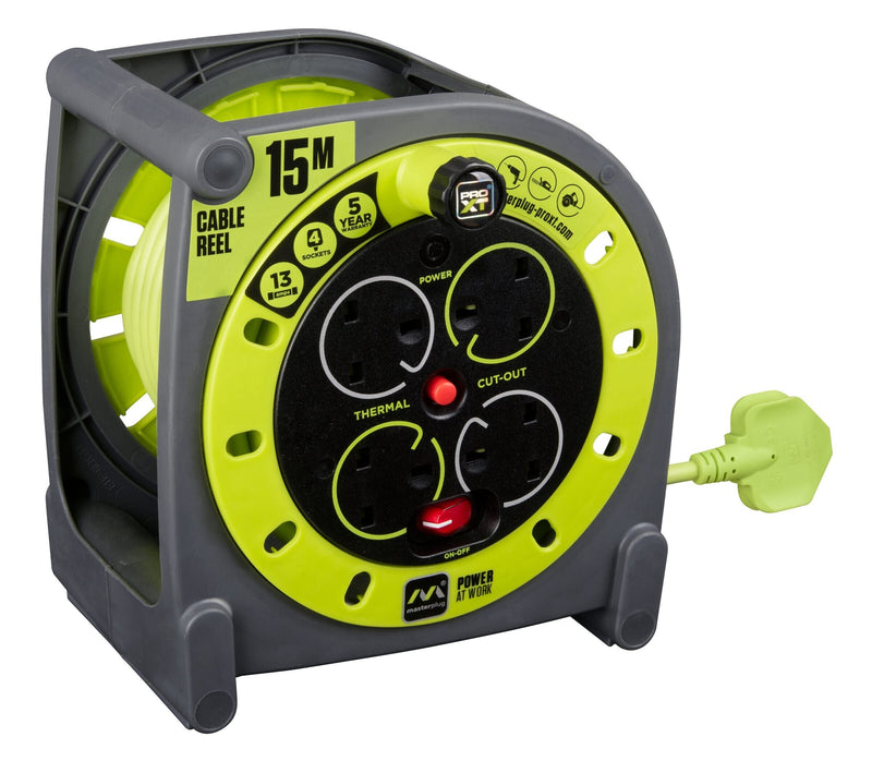 Masterplug Pro XT - 15m, 4 Sockets, 13A, Grey + Green