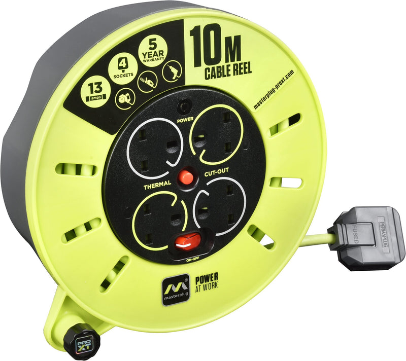 Masterplug Pro XT - 10m, 4 Sockets, 13A, Grey + Green