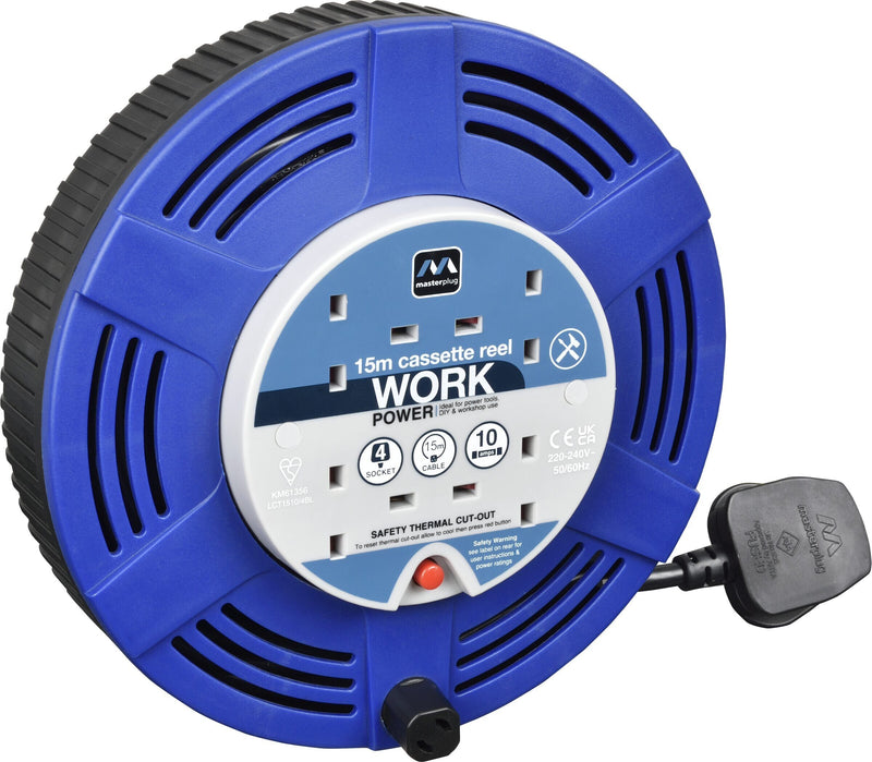 Masterplug Work - 15m, 4 Sockets, 10A, Blue