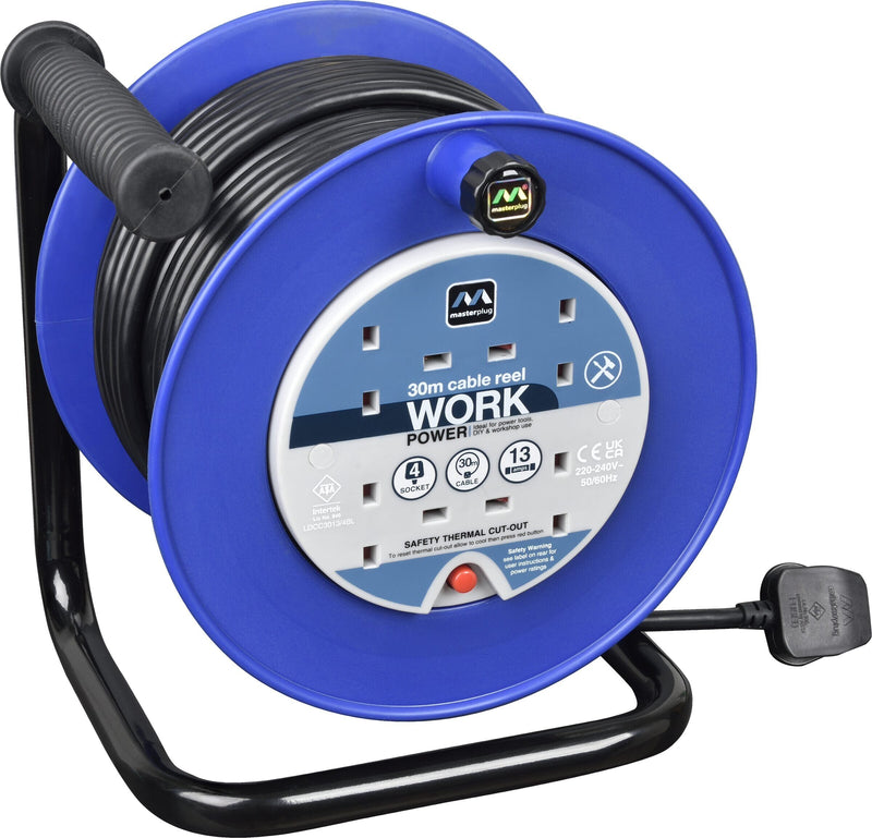 Masterplug Work - 30m, 4 Sockets, 13A, Blue