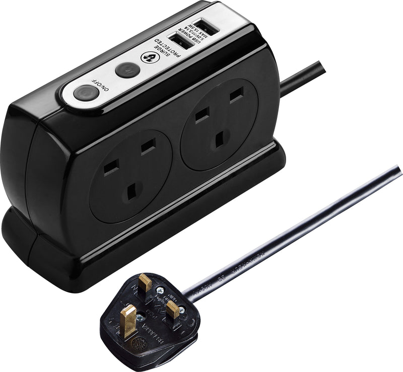 Masterplug High Gloss USB - 2 x USB A, 4 Sockets, 2m, 13A, Gloss Black