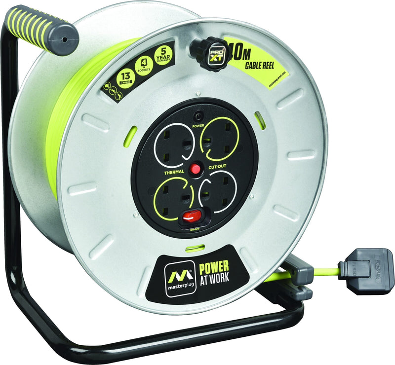 Masterplug Pro XT - 40m, 4 Sockets, 13A, Grey + Green