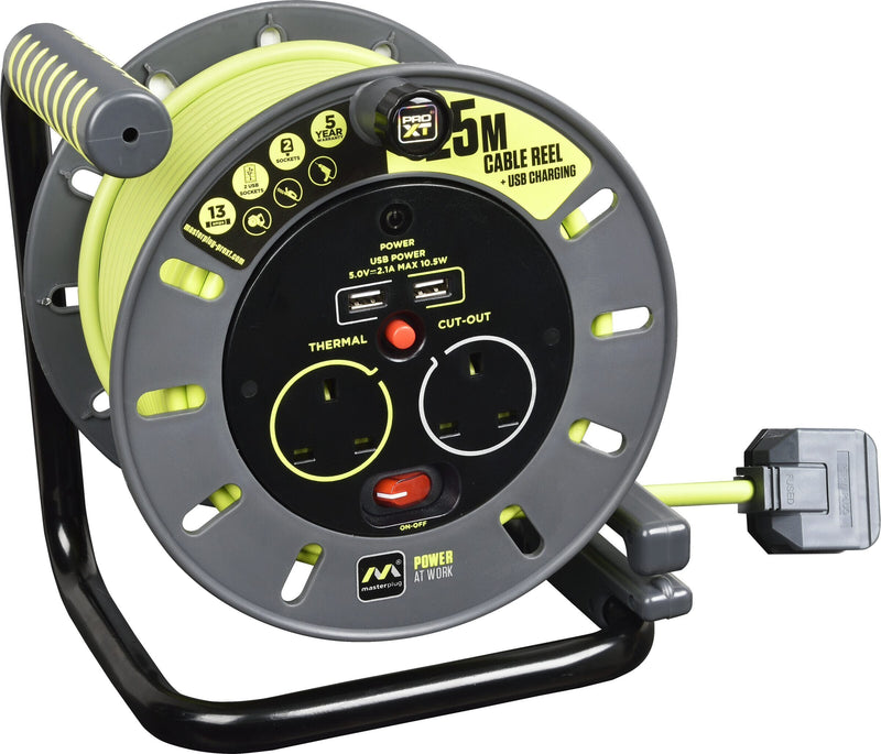 Masterplug Pro XT - 2 x USB A, 25m, 2 Sockets, 13A, Grey + Green
