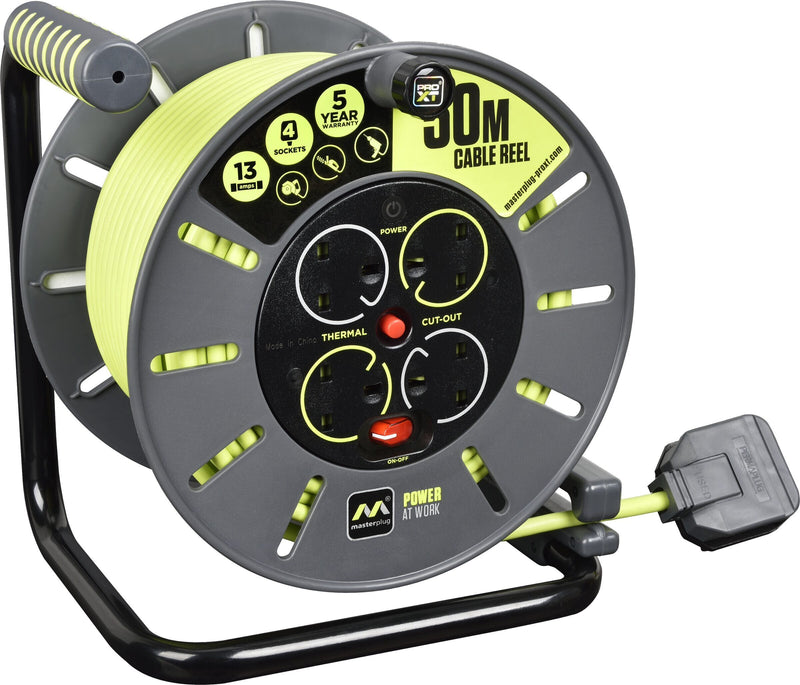 Masterplug Pro XT - 50m, 4 Sockets, 13A, Grey + Green