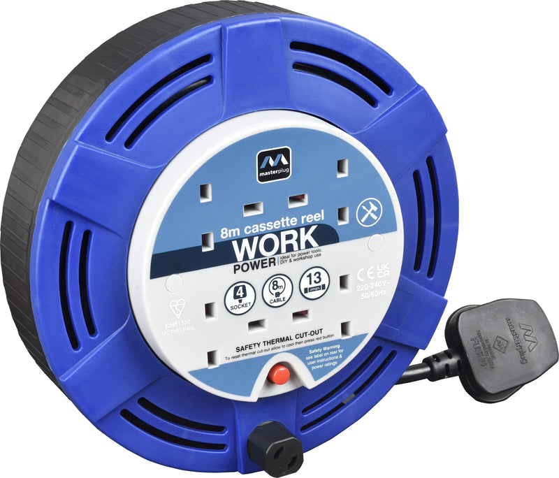 Masterplug Work - 8m, 4 Sockets, 13A, Blue