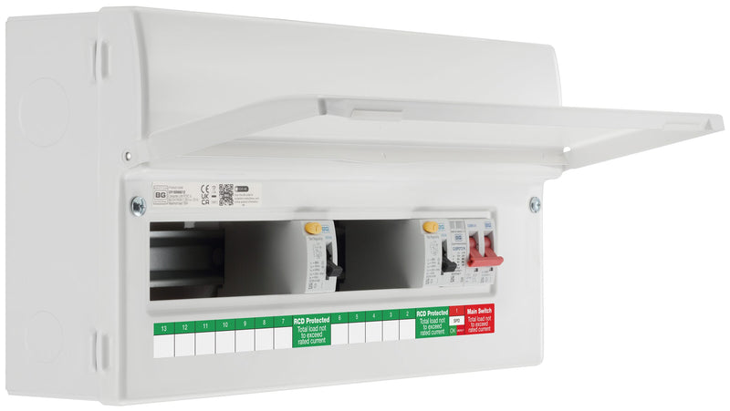 BG Circuit Protection Dual RCD SPD - 19 module, 12 way, 100A Main Switch, 2 x 80A Type A RCD, Type 2 SPD