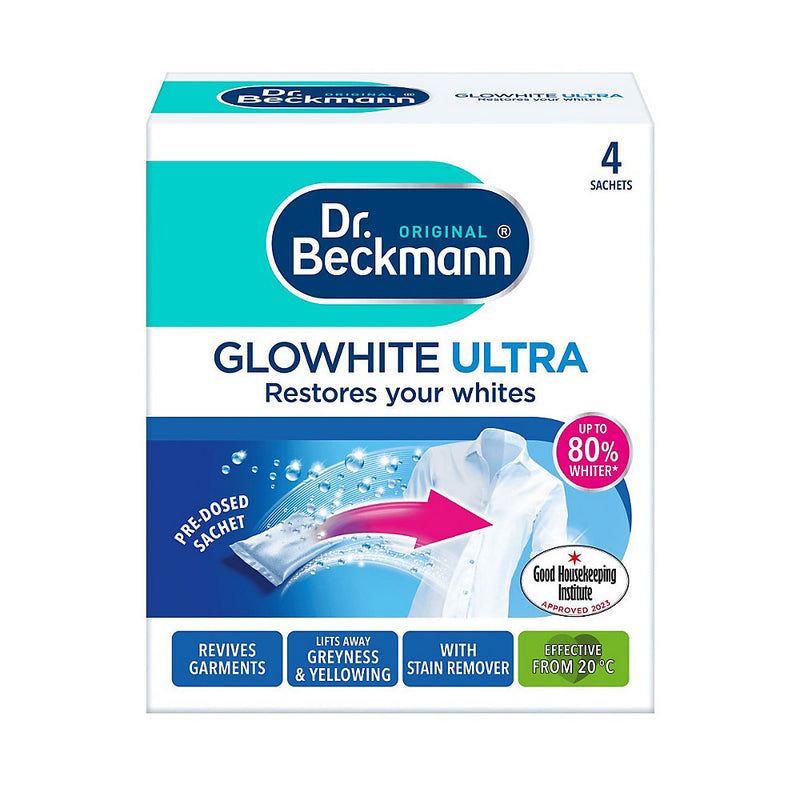 Dr. Beckmann Glowhite Ultra Fabric Whitener 4 x 40g Sachets - Restores Whites, Removes Stains, Treats Greyness, 20 C Wash