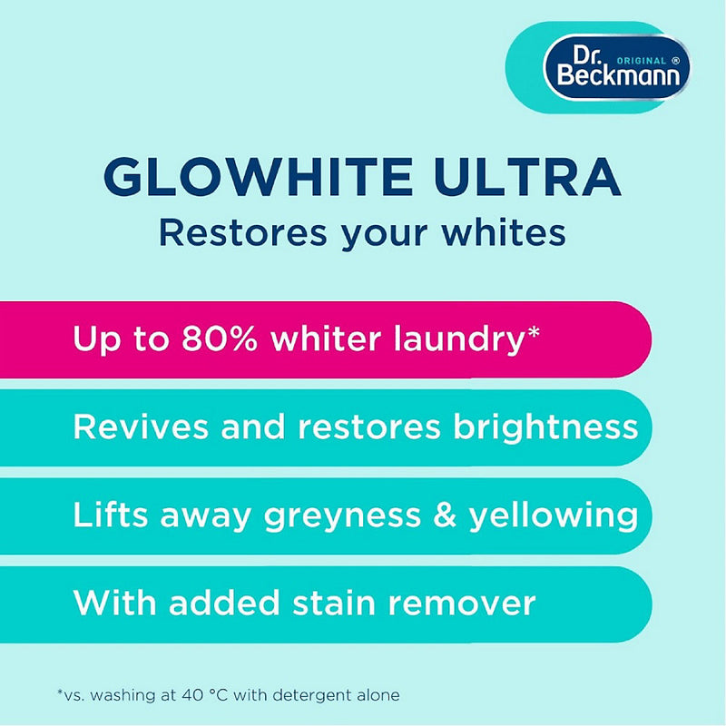 Dr. Beckmann Glowhite Ultra Fabric Whitener 4 x 40g Sachets - Restores Whites, Removes Stains, Treats Greyness, 20 C Wash