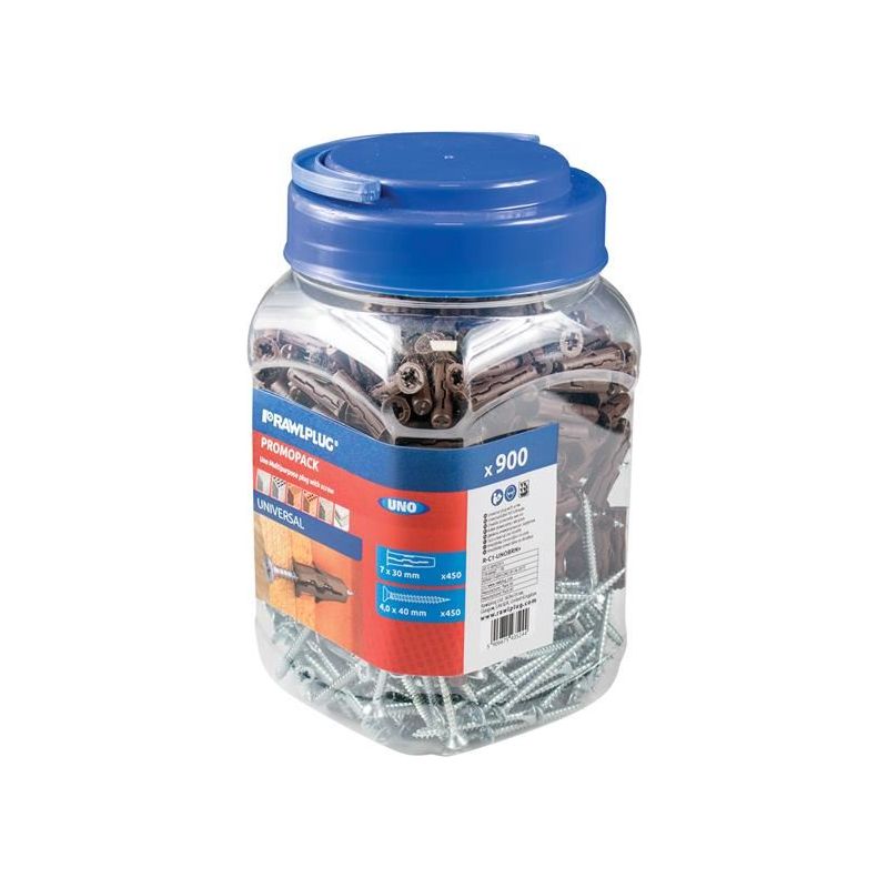 Rawlplug Brown UNO® Plugs & Screws in Jar (450 Plugs + 450 Screws) Rawlplug - RockBottom Nothampton