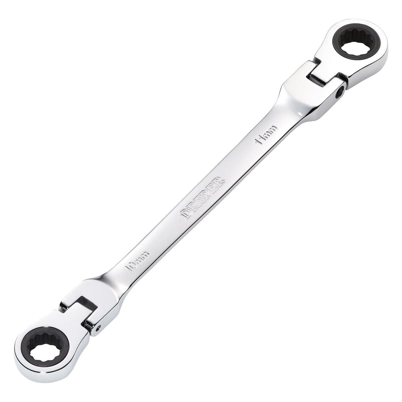 Draper HI-TORQ Metric Flexible Head Double Ring Ratchet Spanner, 10 x 11mm Draper - Town Tools