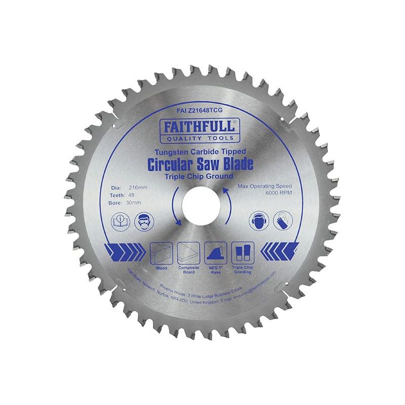 Faithfull TCT Circular Saw Blade Triple Chip Ground 216 x 30mm x 48T NEG Faithfull - RockBottom Northampton