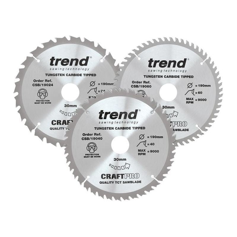 Trend CraftPro Saw Blade 190 x 30mm x 24T/40T/60T (Pack 3) Trend - RockBottom Northampton