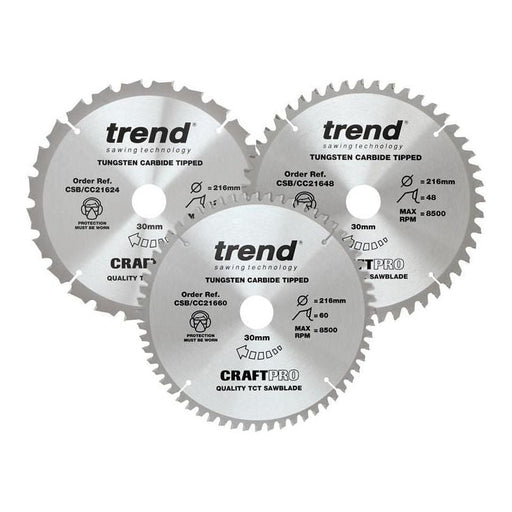 Trend CraftPro Mitre Saw Blade 216 x 30mm x 24T/48T/60T (Pack 3) Trend - RockBottom Northampton