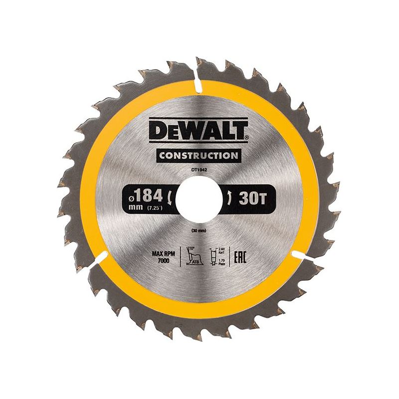Dewalt Power Tools Portable Construction Circular Saw Blade 184 x 30mm x 30T DeWALT Power Tools - RockBottom Northampton