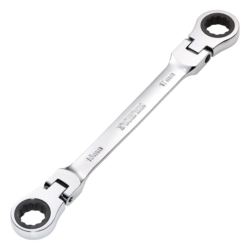 Draper HI-TORQ Metric Flexible Head Double Ring Ratchet Spanner, 16 x 17mm Draper - Town Tools