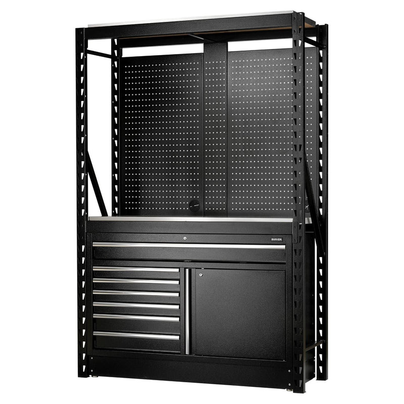 Bunker 14 Piece Modular Storage Combo 2 Tier Racking with Stainless Steel Shelving, Pegboards and Floor Cabinet, 1500mm Draper - Town Tools