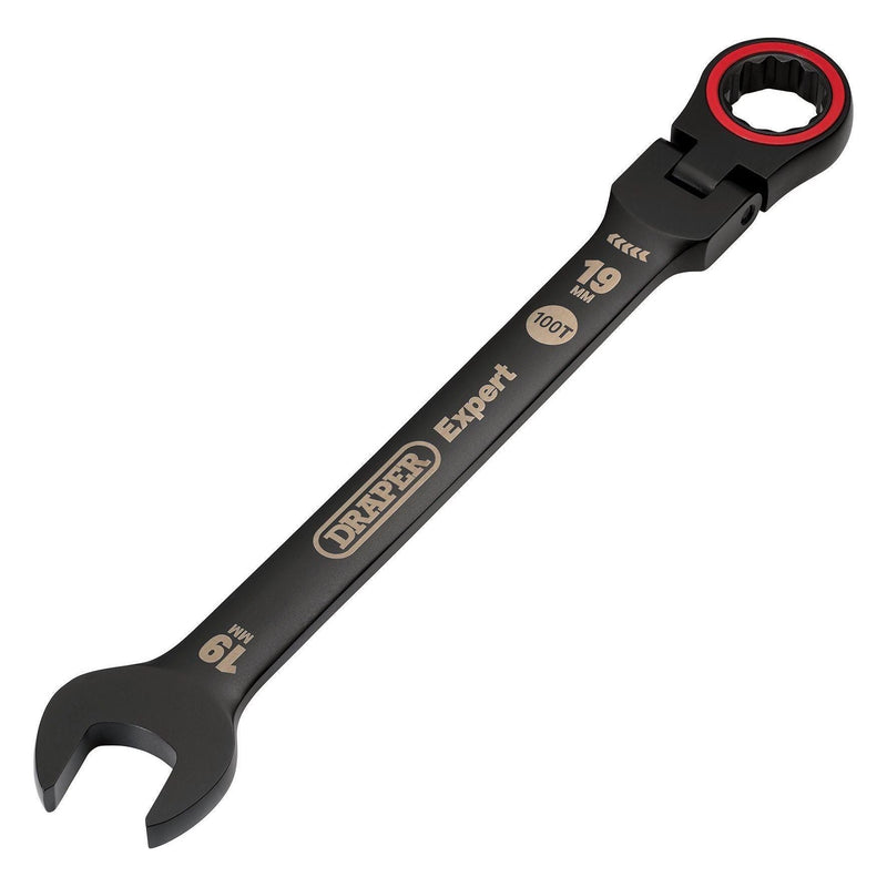 Draper Expert HI-TORQ Metric Flexible Head Ratchet Combination Spanner, 19mm, Black Draper - Town Tools
