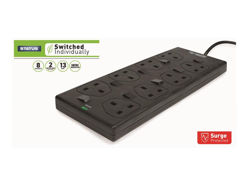 STATUS® Individually Switched Extension Lead 240V 8-Gang 13A Black 2m