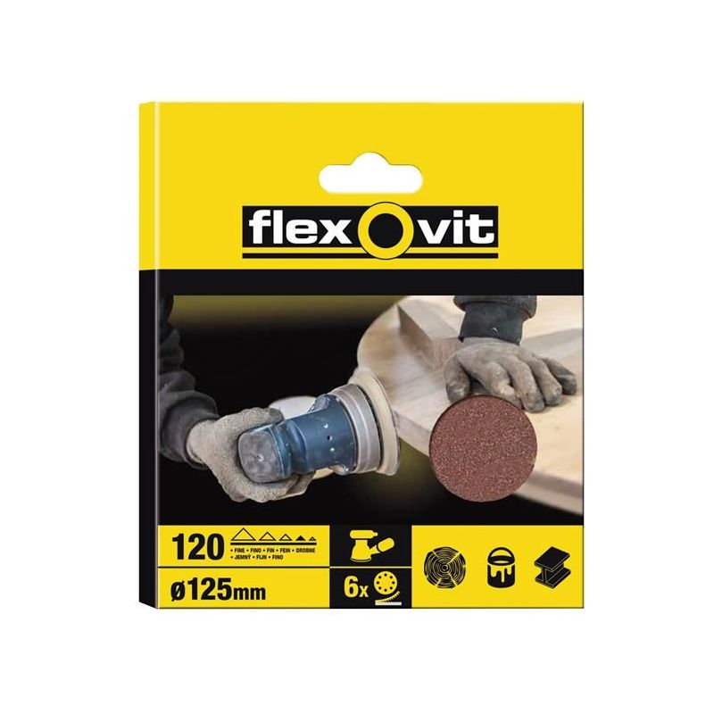 Flexovit Hook & Loop Sanding Disc 125mm Fine 120G 8 Holes (Pack 6) Flexovit - RockBottom Northampton